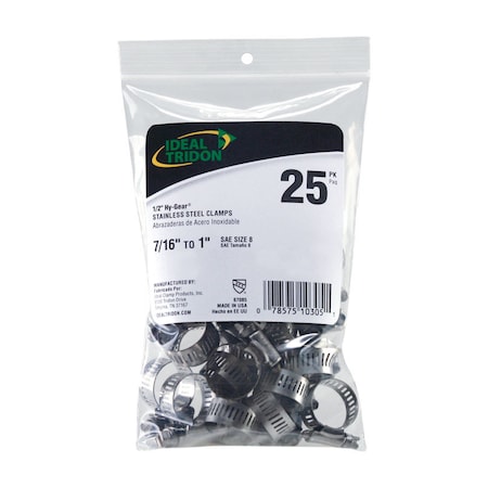 Ideal Tridon Ideal Tridon Hy Gear 7/16 in to 1 in. SAE 8 Silver Hose Clamp Stainless Steel Band, PK25 6708550